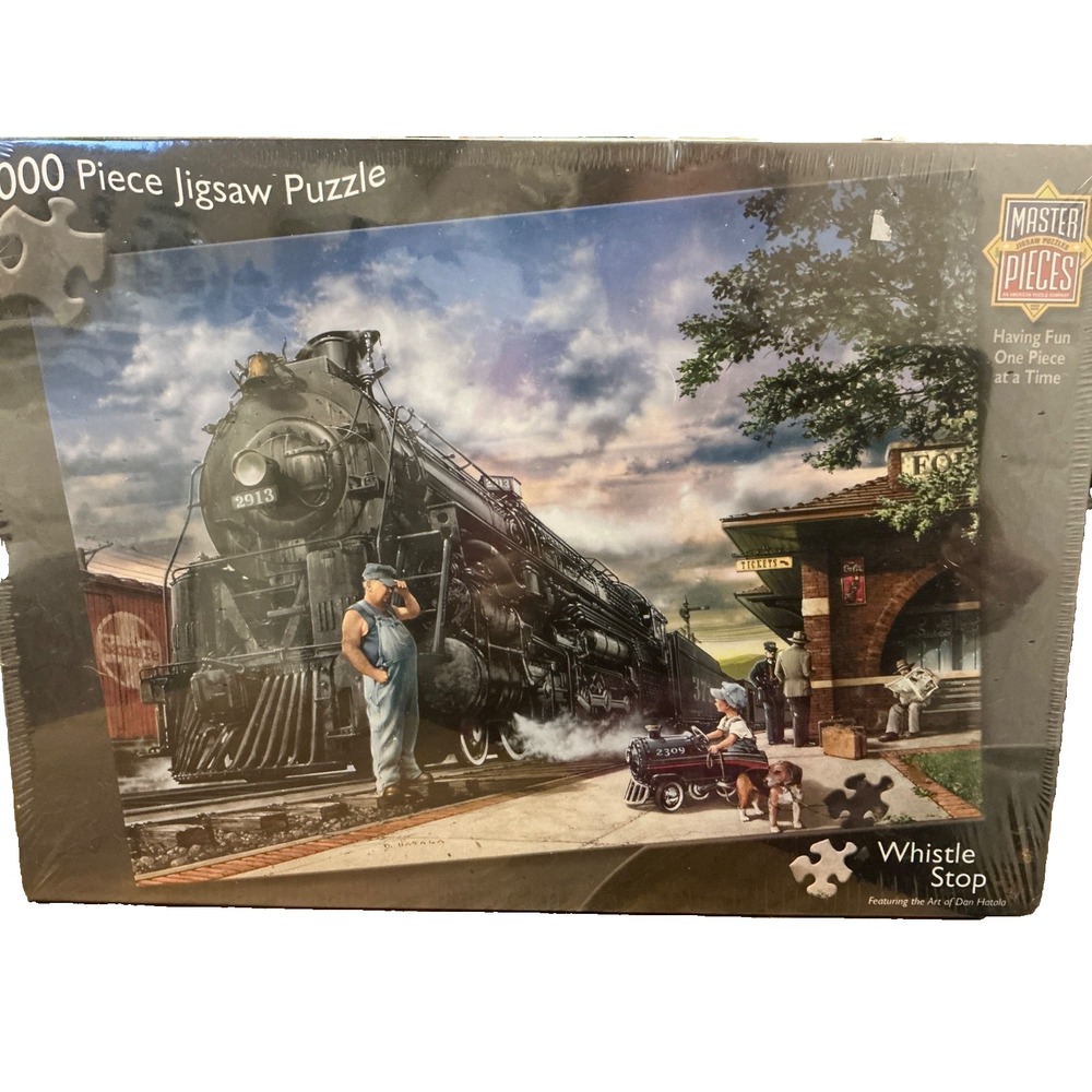New Sealed Whistle Stop Dan Hatala 1000 pc Jigsaw Puzzle MasterPieces Trains